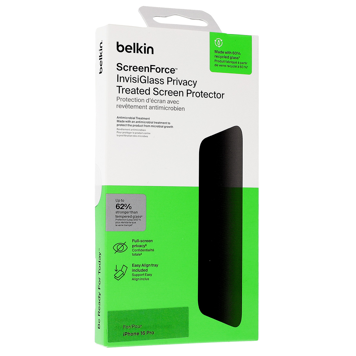 Oryginalne szkło hartowane firmy Belkin z serii ScreenForce InvisiGlass Privacy AntiMicrobial Treated dla iPhone 16 Pro